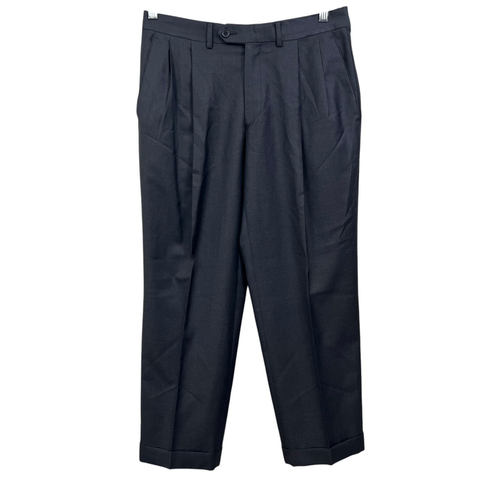 Santorelli Men Wool Dress Trouser Pants Pleated Pockets Cuffed Hem Charcoal 32*